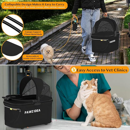 PAWZIDEA Pet Stroller 4 in 1, Dog Strollers for Small/Medium Dogs/Cats with Detachable Carrier NO-Zip Canopy, Seatbelt Puppy Car Seat Combo, Foldable &amp; Lightweight Jogger Cat Strollers, Storage Basket