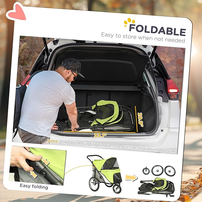 PawHut Dog Stroller, Pet Stroller 3 Wheels with Easy One-Hand Fold, Rubber Wheels, Storage Bag, Soft Cushion, Safety Leash, for Small &amp; Medium Dogs, Yellowish Green