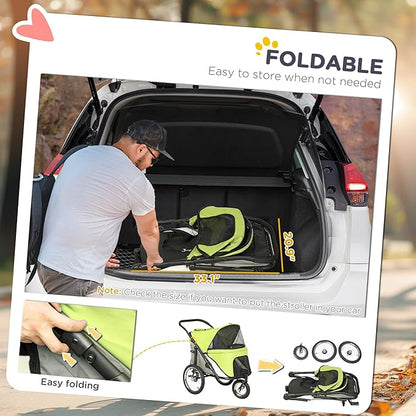 PawHut Dog Stroller, Pet Stroller 3 Wheels with Easy One-Hand Fold, Rubber Wheels, Storage Bag, Soft Cushion, Safety Leash, for Small &amp; Medium Dogs, Yellowish Green