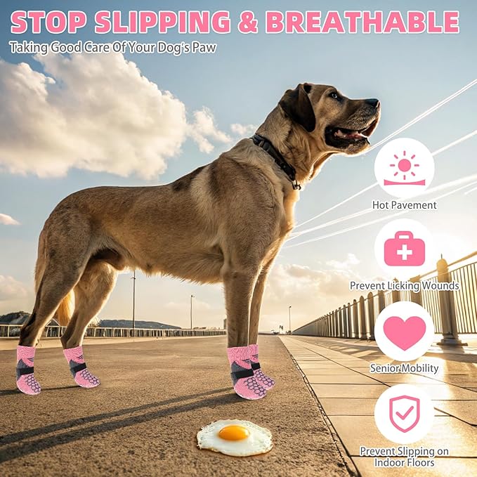 KOOLTAIL Dog Socks for Hot Pavement, Summer Breathable Dog Socks to Prevent Licking Paws, Non Slip Pet Boots &amp; Paw Protectors for Hardwood Floor,Grippy Shoes for Small Medium Large Senior Dogs,Pink L