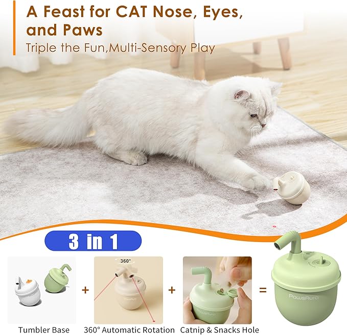 Automatic Laser Cat Interactive Toy, Self-Balancing 360° Auto-Spin Laser Pointer with Catnip Hole, Triple-Sensory – Kitten Sight, Smell &amp; Touch, Boredom Relief Toy for Indoor Adult Cat (white)