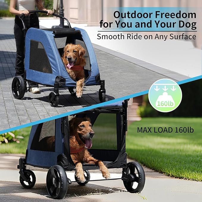 EchoSmile Heavy-Duty Large Dog Stroller with Shock-Absorbing Wheels, Foldable Pet Travel Carrier for Medium &amp; Large Dogs, 5 Mesh Windows, 160 lbs Capacity, Easy Assembly &amp; Storage