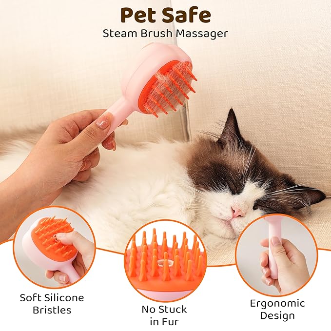 Steam Cat Brush, 6-in-1 Dog Brush Spritz Defur Comb, Steamy Skin Friendly Deshedding Grooming Tool, Suitable for Shedding &amp; Haired Pets, Pet Supplies Accessories,Pink