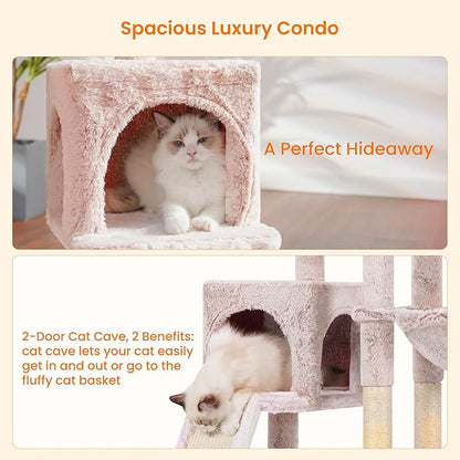 Heybly Cat Tree with Cat Self Groomer Brush, Cat Tower Condo for Indoor Cats with Padded Plush Perch, Cat House with Basket Scratching Board Post, Muchroom HCT005SMU