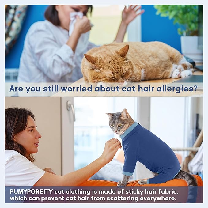 PUMYPOREITY Cat Hair Sticky Sweater, Recovery Suit - Breathable &amp; Lightweight for Post-Surgery Protection, Cat Onsie Prevents Licking Wounds, Blue, 2XL