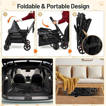 PETSITE 4 Wheels Dog Stroller, Foldable Cat Stroller with Dual Entries, Ramp, Mesh Windows, Adjustable and Detachable Canopy, and All-Terrain Wheels with Brake, Ideal for Small Medium Dogs