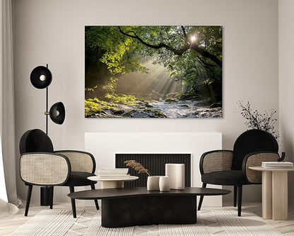 Nature Wall Art Prints - Ocean Forest Mountain Lake Canvas Landscapes - Small to Extra Large Living Room Bedroom Kitchen Bathroom Décor (Rocky River in the Woods, 35L" x 53W")