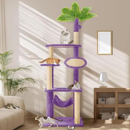 55 Inch Large Cat Tree Tower for Indoor Cats with Hammock Green Leaves Sisal Scratching Post, Plush Hang Ball Play Furniture for Kittens &amp; Adult Cats, New Purple