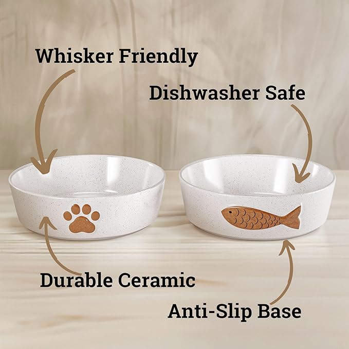Ceramic Cat Bowls Whisker Friendly - Ceramic Cat Bowl Set of 2 Cute Designs with Anti-Slip Bases - Dishwasher &amp; Microwave Safe Food and Water Bowls for Cats - Dishes for Cats - Kitten Food Bowl Set