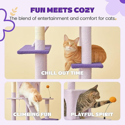 MWPO Flower Cat Tree for Indoor Cats, 63.8 Inches Multi-Level Cat Tower with Sisal-Covered Scratching Posts, Padded Platform, Hammock, Dangling Toys, Stable Cat Condo Pet Play House