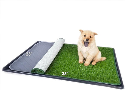 Dewonch Dog Artificial Grass Pad with Tray for Puppy Potty Training, Fake Turf Patch &amp; Washable Pee Pad Pet Loo for Small and Medium Dogs, Indoor or Outdoor Use (Potty System 35.4” x 23.6”)