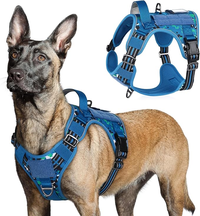 rabbitgoo Tactical Dog Harness for Large Dogs, No Pull Military Service Vest with Handle &amp; Molle, Easy Control for Training Walking, Adjustable Reflective Straps, Blue Camo, L