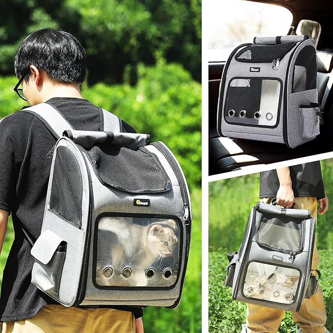 Hoopet Expandable Cat Backpack Carrier – Breathable Pet Carrier for Small Cats &amp; Dogs, Foldable Travel Backpack with Mesh Ventilation for Hiking, Walking, Camping, Light Grey