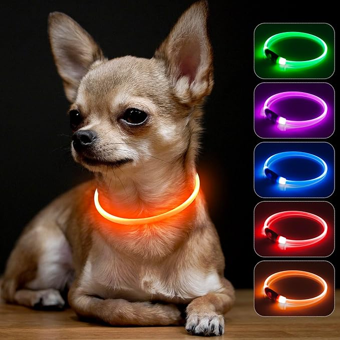 BSEEN Light Up Dog Collar - Rainproof LED Dog Collar Rechargeable - TPU Cuttable Glowing Pet Collar for Small Puppies&amp; Cats, Safety Dog Lights for Night Walking&amp; Camping (XS- Orange 40cm)