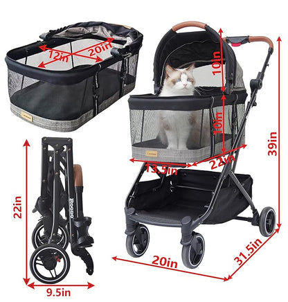ROODO Fashion 3-in-1 Dog Cat Stroller with Detachable Carrier&amp;Car Seat Combo Best Lightweight Folding Portable All-Terrain Travel Pet Gear Puppy Doggie Kitty Stroller for up to 30 lbs(Grey Lattice)
