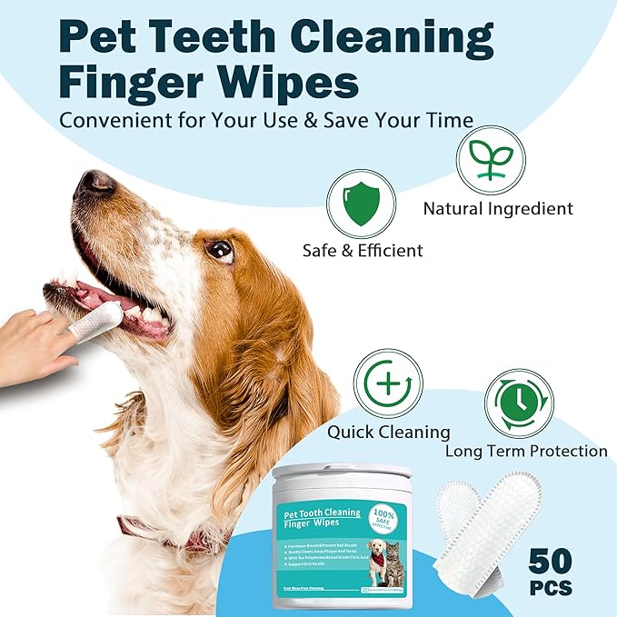 Teeth Cleaning Wipes for Pets 50Pcs ，Dog &amp; Cat Teeth Cleaning Wipes，Pet Teeth Cleaning Finger Mitt Dental Wipe，Pet Teeth Cleaning Finger Wipes，Natural Formula Finger Grooming Wipe for Pets