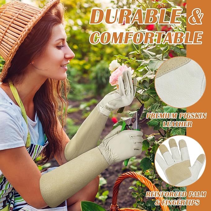 HANDLANDY Rose Pruning Gloves for Men &amp; Women, Long Thorn Proof Gardening Gloves, Breathable Pigskin Leather Gauntlet, Best Garden Gifts &amp; Tools for Gardener