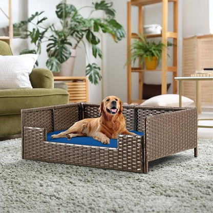YITAHOME Rattan Dog Sofa Bed with Cushion, Wicker Pet Bed Sofa Couch Indoor Outdoor Waterproof for Large Medium Small Dogs Cats (38.6&