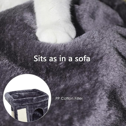 SYANDLVY Small Cat Tree for Indoor Cats Large Adult, Activity Tower with Scratching Post, Modern House with Padded Perch, Kittens Condo with Board, Cat Cave (Smoky Grey)