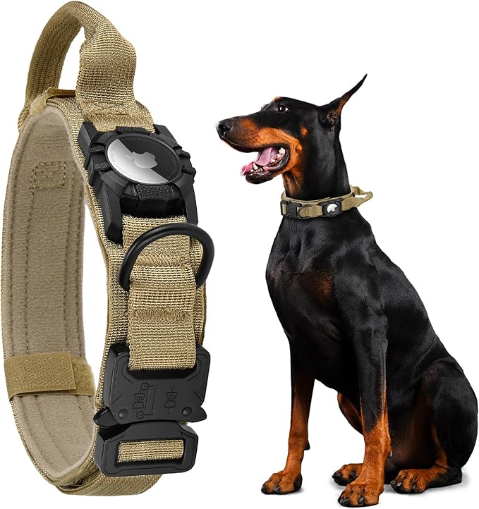 Tactical AirTag Dog Collar - Heavy Duty, Adjustable GPS Collar Compatible with Apple AirTag, with Holder &amp; Control Handle for Medium/Large Dogs [ Brown, M ]