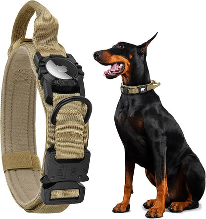 Tactical AirTag Dog Collar - Heavy Duty, Adjustable GPS Collar Compatible with Apple AirTag, with Holder &amp; Control Handle for Medium/Large Dogs [ Brown, L ]