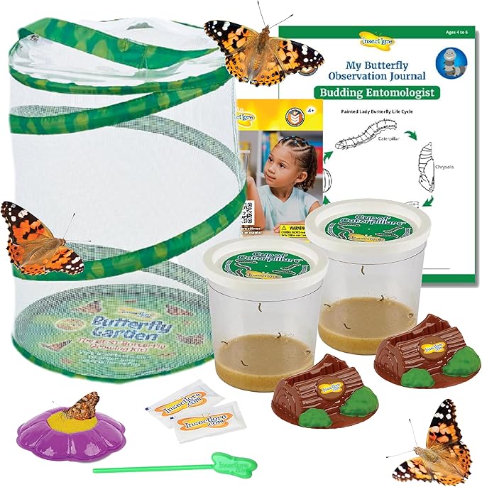 Insect Lore Butterfly Garden Kit – 10 Live Caterpillars, Habitat, STEM Journal, 2 Chrys-a-lid Holding Logs &amp; Feeder – Grow &amp; Release Painted Lady Butterflies – Educational Science Toy