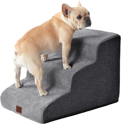EHEYCIGA Curved Dog Stairs Ramp for Small Dogs 15.7" H, 3-Step Dog Steps for Couch Sofa and Chair, Pet Stairs for Cats, Non-Slip Balanced Pet Steps Indoor, Grey