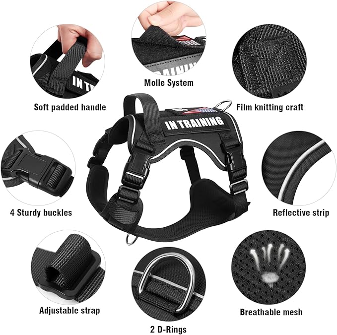 WINSEE Service Dog in Training Harness with 5 PCS Patches, Reflective Tactical Dog Vest Harness, Adjustable Soft Oxford Pet Harness with Easy Control Handle, Hook &amp; Loop Panels for Walking Hiking