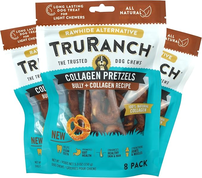 Collagen Pretzels, Bully - Collagen Dog Treats - Dog Pretzel Treats - Long Lasting Healthy Joint Support - Rawhide Alternative - Skin &amp; Coat Health, Value Pack, 3 Bags, 24 Count