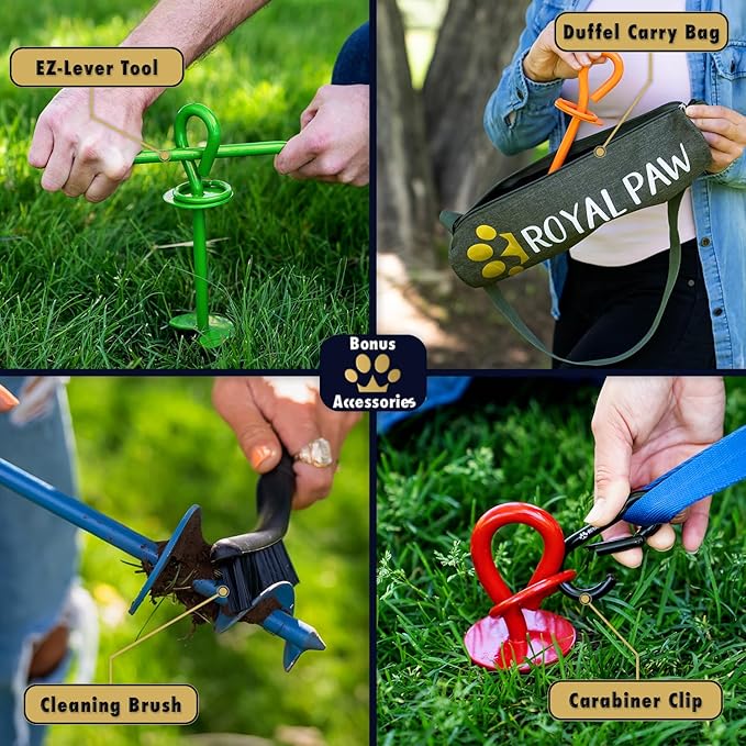ROYAL-PAW Dog Tie Out Stake - for Large Dogs up to 210 lbs - Heavy Duty Dog Stake for Yard, Beach &amp; Camping Outside - Best in Ground Anchor for a Dog Cable, Leash, Lead Tether (1, Blue)