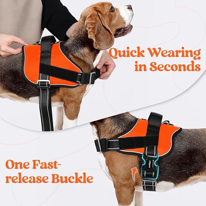 rabbitgoo Dog Harness for Large, Easy On Pet Vest with One Buckle, No Pull Adjustable Service Harness with D-Ring &amp; Handle, Reflective for Safety Walking, Training, Orange, L
