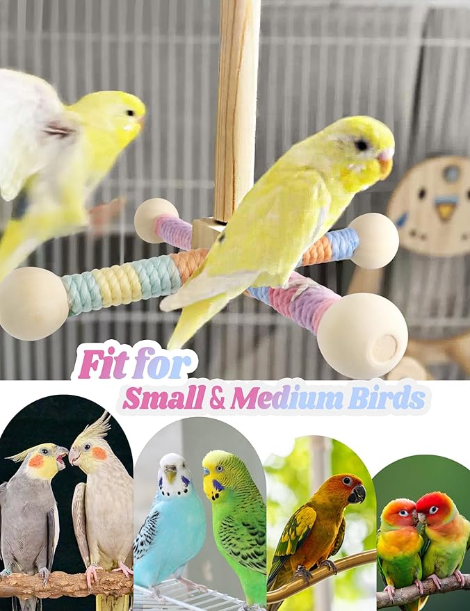 Bird Stand Perch Toy for Small &amp; Medium Birds, 360° Rotating Natural Wooden Parrot Perchs for Bird Cages, Interactive Spinning Toy fo Parrot Parakeets Cockatiels Lovebirds Conures Finches Budgies