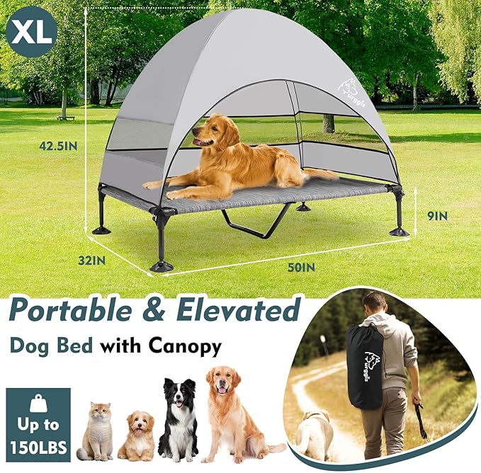 Upgraded Elevated Dog Bed with Canopy, Portable Raised Outdoor Dog Bed with Stable Anti-Slip Feet, Wider Shade Pet Bed Cot, Raised Dog Beds for Large Dogs Camping, Indoor &amp; Outdoor Use