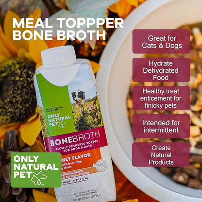 Only Natural Pet Bone Broth Turkey Flavor Dog &amp; Cat Meal Topper, 100% Human-Grade Slow-Simmered, Free-Range for Dry Food or to Hydrate Dehydrated Food - (2-Pack / 11.16 oz Each)