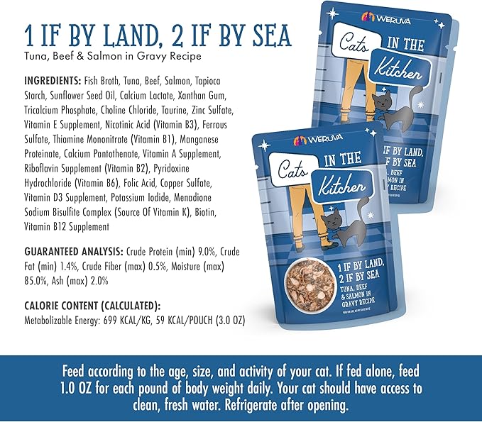 Weruva Cats in The Kitchen, 1 if by Land, 2 if by Sea with Tuna, Beef &amp; Salmon in Gravy Cat Food, 3oz Pouch (Pack of 12)