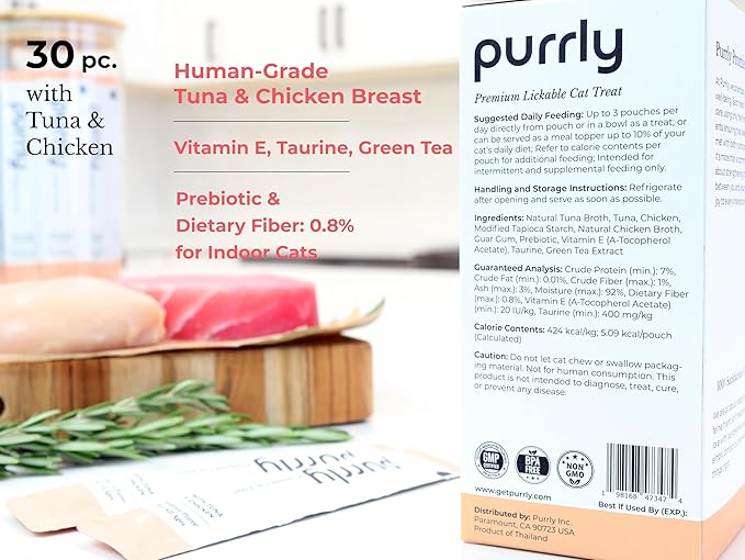 Purrly Cat Treat Topper Lickable Wet Squeezable Healthy Human-Grade Tuna &amp; Chicken Breast with Prebiotic and Dietary Fiber for Indoor Cats (30 Count) Grain-Free Non-GMO No-Preservatives