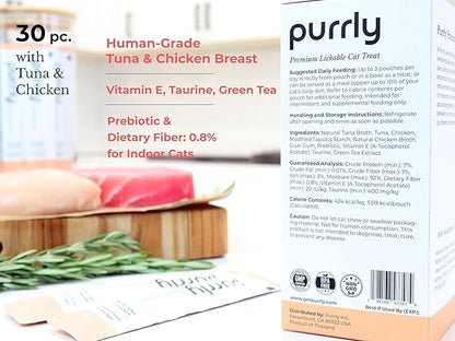 Purrly Cat Treat Topper Lickable Wet Squeezable Healthy Human-Grade Tuna &amp; Chicken Breast with Prebiotic and Dietary Fiber for Indoor Cats (30 Count) Grain-Free Non-GMO No-Preservatives