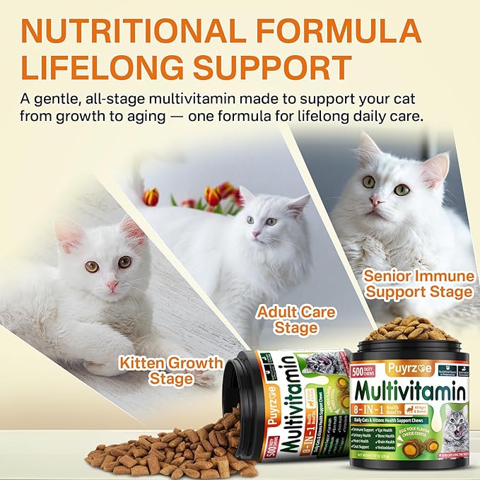 Cat Multivitamin - 500 Chews Crunchy &amp; Creamy Cheese Core, Cat Vitamins + Taurine for 8-in-1 Support - Immune, Urinary, Heart, Skin &amp; Coat, Eyes, Brain, Bone for Cats Kittens - Egg Yolk Flavor