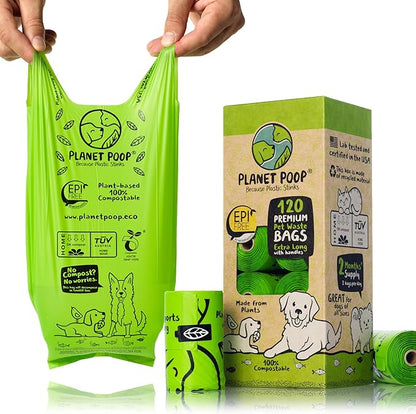 PLANET POOP Home Compostable Dog Poop Bags Extra-long with Handles 120 Un-Scented Pet Waste Bags Plastic Free, Thick Leakproof Plant-Based Doggy Bag, Cats &amp; Dogs Pet Supplies