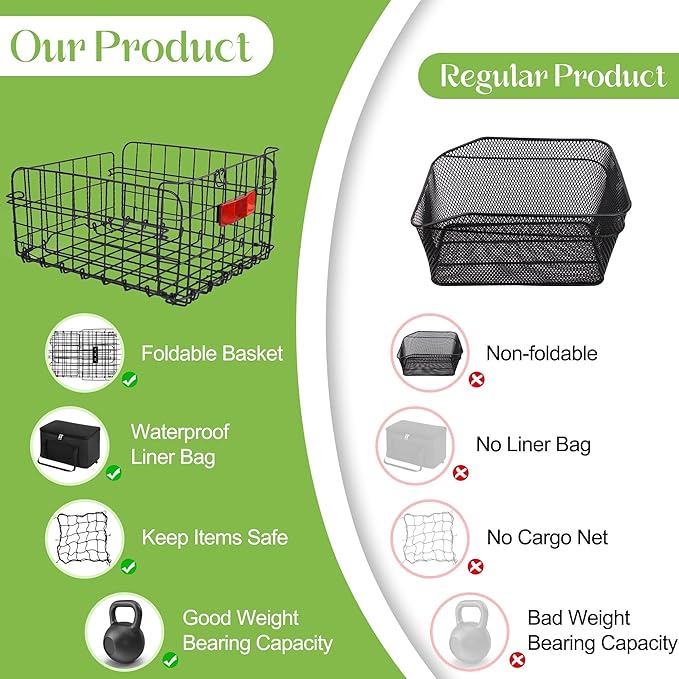Aodaer Bike Basket with Removable Liner Bag Cargo Net Large Folding Bike Basket Quick Release Metal Ebike Basket Bicycle Storage Basket for Carrying Fruit &amp; Grocery Pets Dogs
