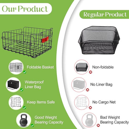 Aodaer Bike Basket with Removable Liner Bag Cargo Net Large Folding Bike Basket Quick Release Metal Ebike Basket Bicycle Storage Basket for Carrying Fruit &amp; Grocery Pets Dogs