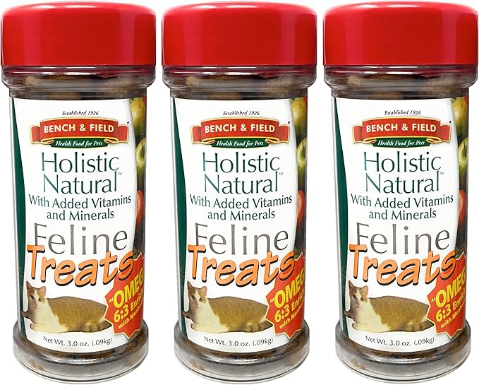 Bench &amp; Field Holistic Natural Healthy Kitty Cat Treats | Crunchy Fish-Shaped Bites | Delicious Seafood Flavored Snack, 3-Ounce (Pack of 3 Bottles)