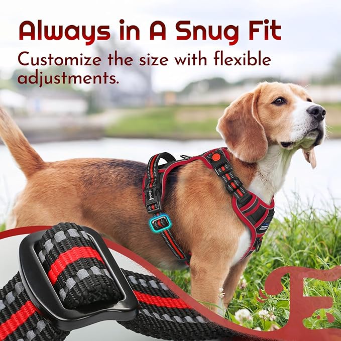 Eagloo Dog Harness for Large Dogs, Easy Wearing with 3 Buckles, Adjustable No Pull Pet Harness with 2 Rings for Walking, No Chock Reflective Soft Padded Vest with Control Handle, Black &amp; Red, L
