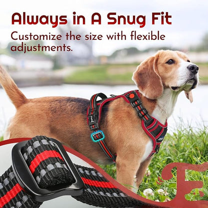 Eagloo Dog Harness for Large Dogs, Easy Wearing with 3 Buckles, Adjustable No Pull Pet Harness with 2 Rings for Walking, No Chock Reflective Soft Padded Vest with Control Handle, Black &amp; Red, L