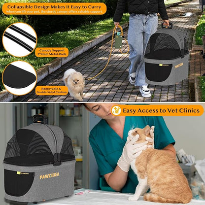 PAWZIDEA Pet Stroller 4 in 1, Dog Strollers for Small/Medium Dogs with Detachable Carrier Easy Lock Canopy, Seatbelt Puppy Car Seat, Cozy House, Foldable &amp; Lightweight Jogger Cat Stroller, 4 Wheels