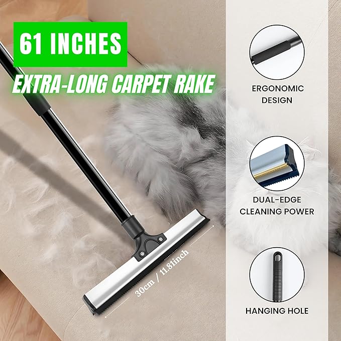 2025 Dual-Edge Carpet Rake for Pet Hair Removal &amp; Fluffing Matted Carpet – 61" Adjustable Handle, Deep Clean Dog &amp; Cat Hair Remover, Reusable Scraper for Rugs, Low Pile Carpet, Couch &amp; Stairs