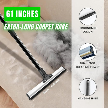 2025 Dual-Edge Carpet Rake for Pet Hair Removal &amp; Fluffing Matted Carpet – 61" Adjustable Handle, Deep Clean Dog &amp; Cat Hair Remover, Reusable Scraper for Rugs, Low Pile Carpet, Couch &amp; Stairs