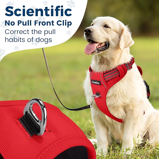 Funfox Dog Harness No Pull, Adjustable Pet Vest Harness, Super Soft Material with Vertical Handle Easy Control, Reflective Night Walking, 2 Leash Clips for Small Sized Dogs, Red, S