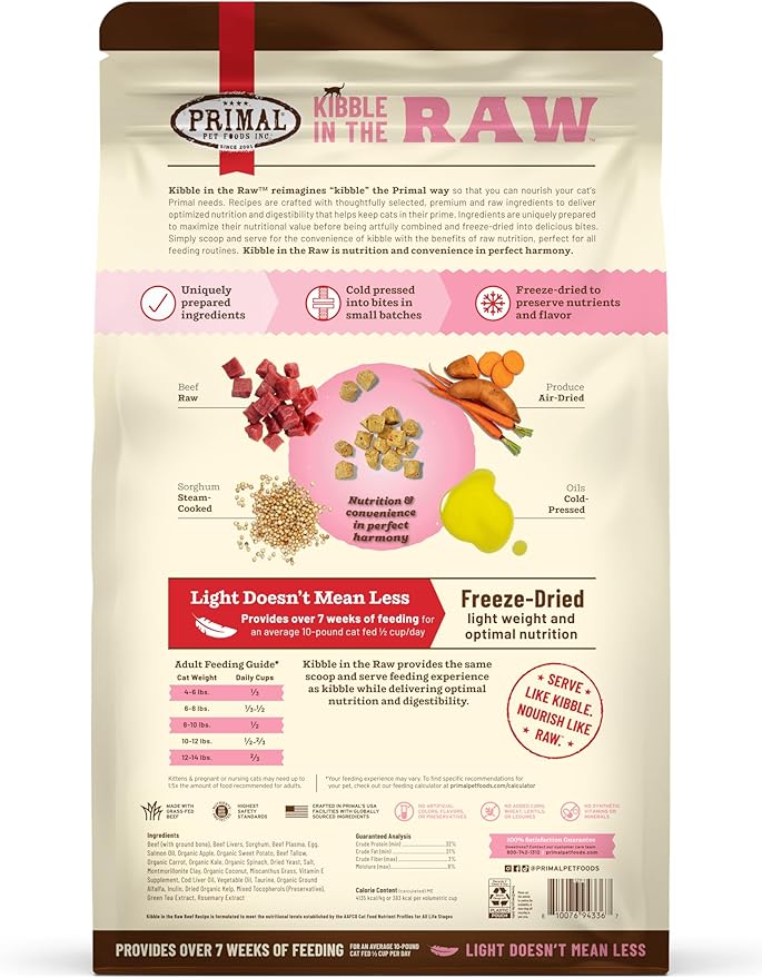 Primal Kibble in The Raw, Freeze Dried Cat Food, Beef, Scoop &amp; Serve, Made with Raw Protein, Whole Ingredient Nutrition, Crafted in The USA, Dry Cat Food, 64 Ounce (4 lb) Bag