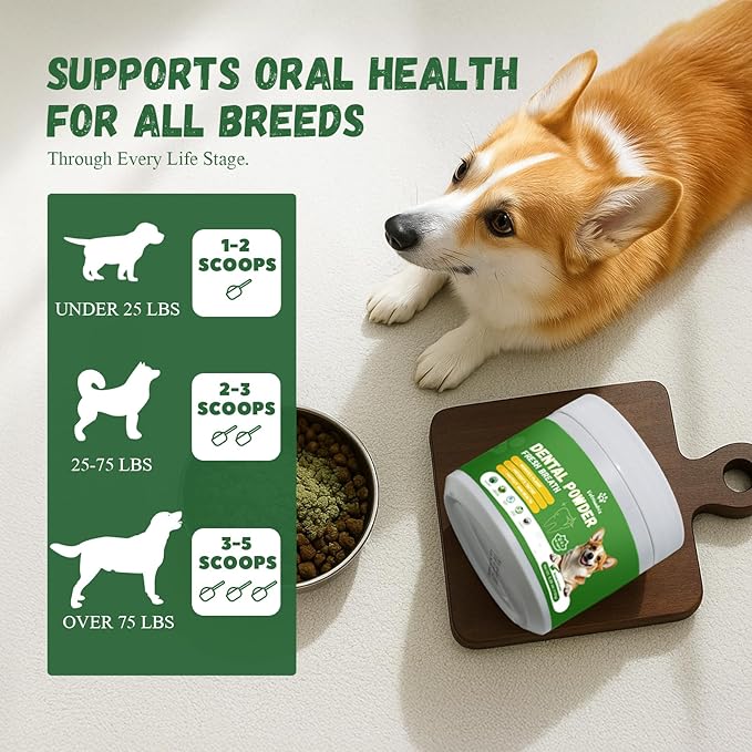 Dog Dental Care Powder - Plaque &amp; Tartar Control with Natural Enzymes, Teeth Cleaning Powder for Dogs with Probiotic, Bad Breath Treatment for Small Medium Large Dogs